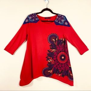 Desigual NWOT Boho Floral Shark Bite ¾ Sleeve Top